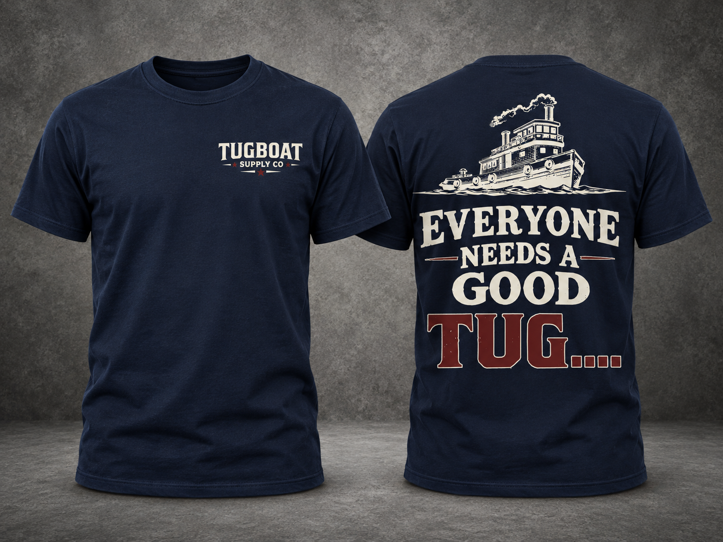 Navy Good Tug Tee with cream and red print, front and back