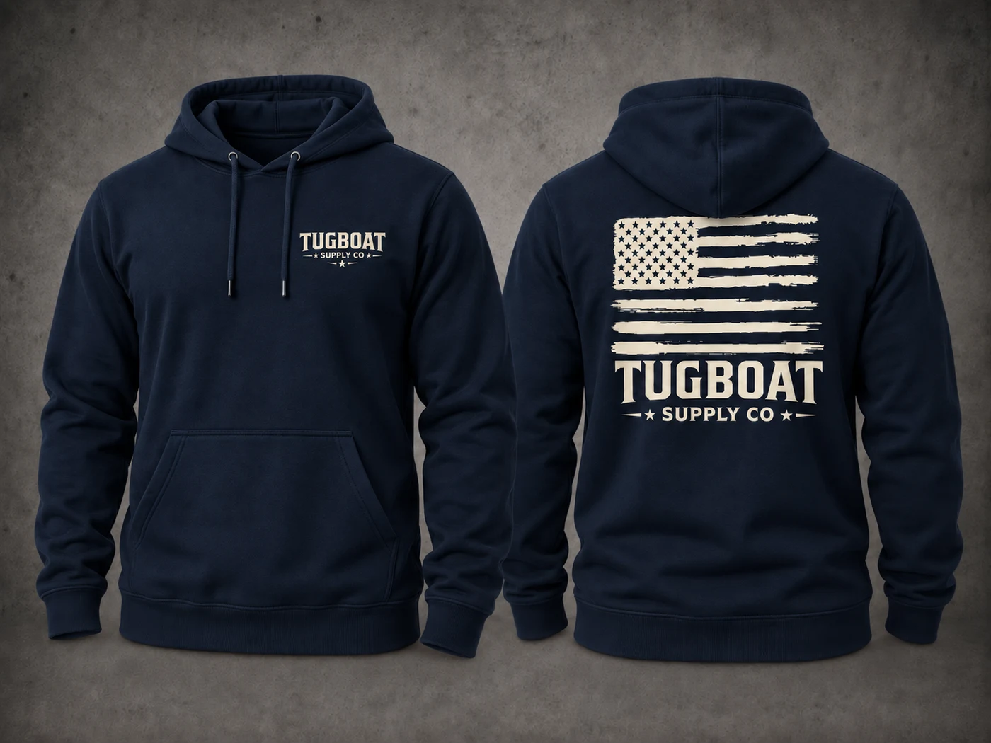 Navy Tugboat Distressed Flag pullover hoodie, front and back