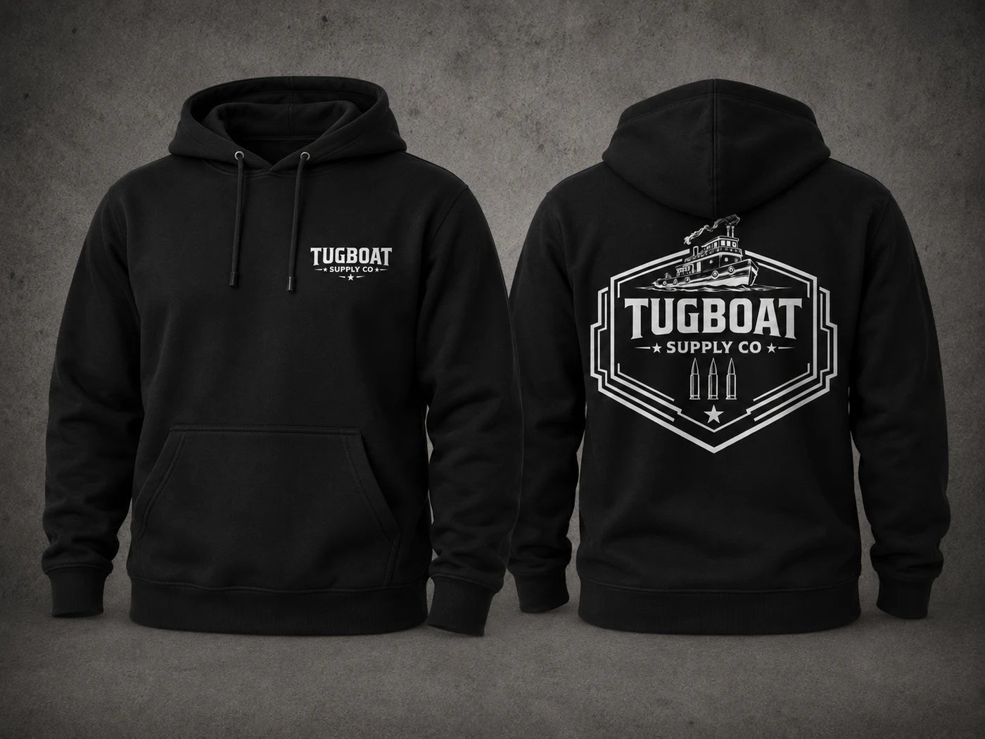 Black Tugboat Heritage Badge pullover hoodie with white print, front and back